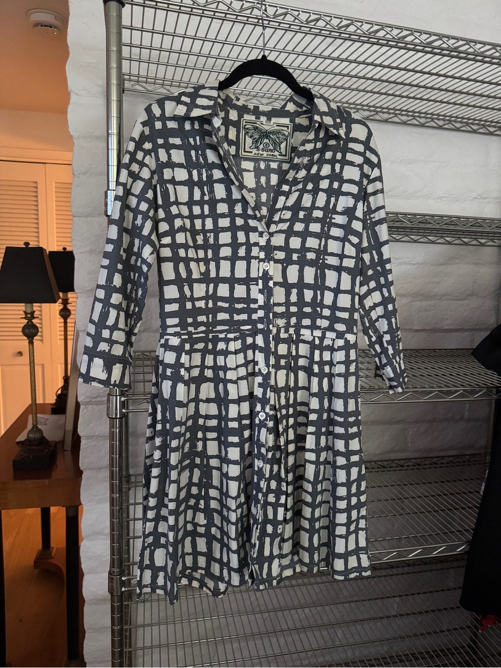 Grid-Print Button-Front Midi Dress in White and Gray